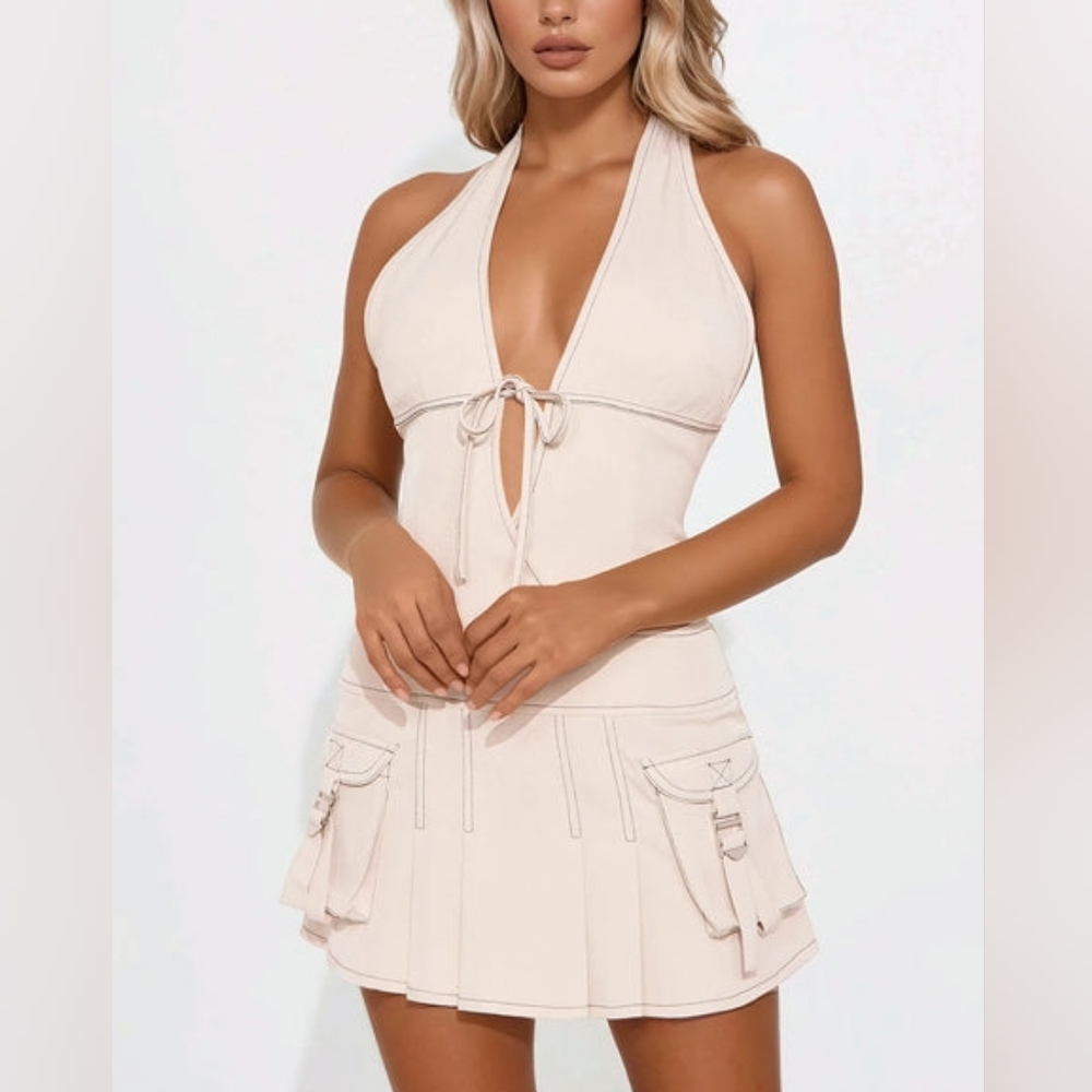fashion nova precious cargo pleated mini dress NWT taupe